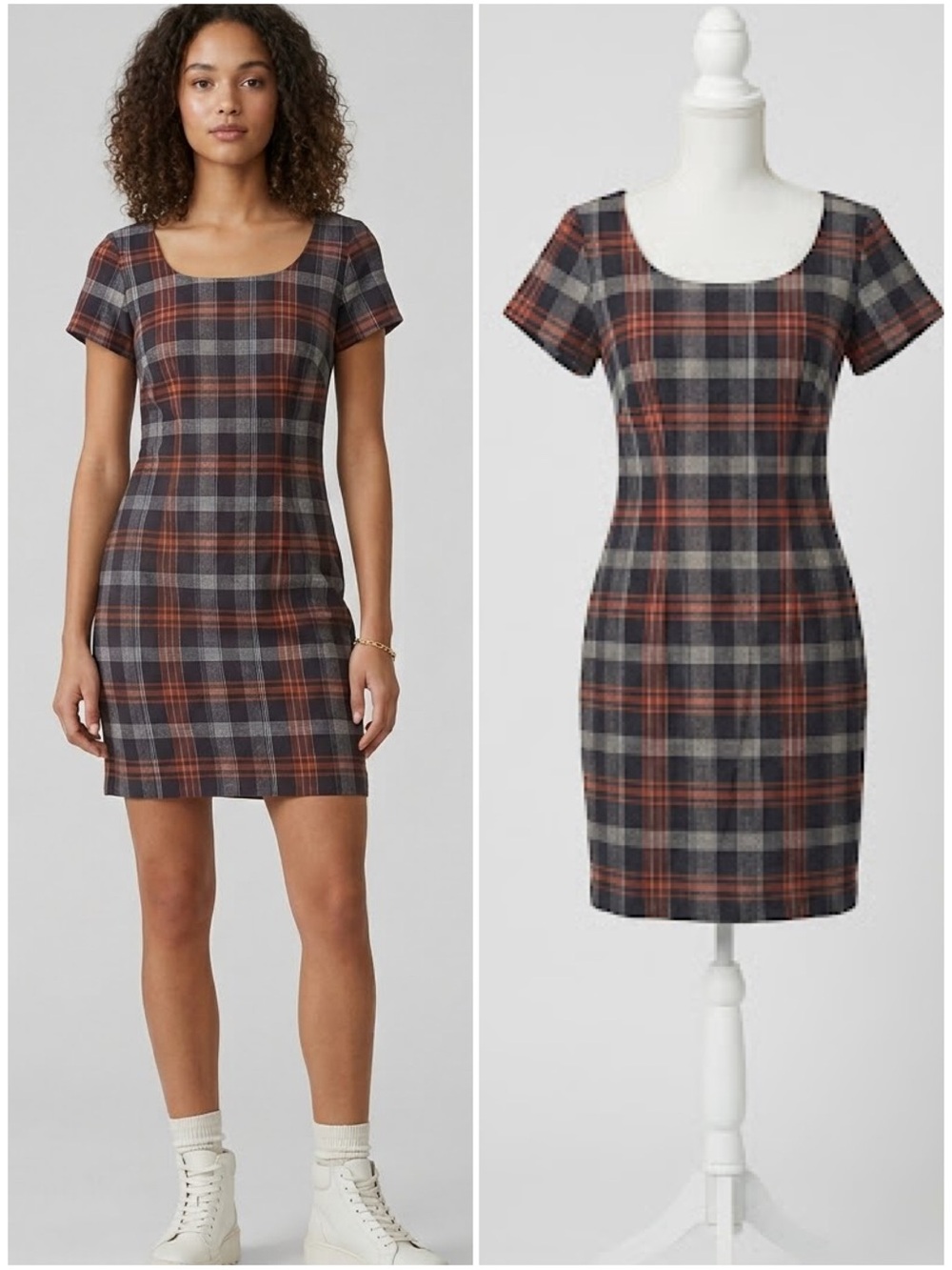 Vintage Esprit Scoop Neck Plaid Shift Dress Black Rust Size Small 90s Y2K